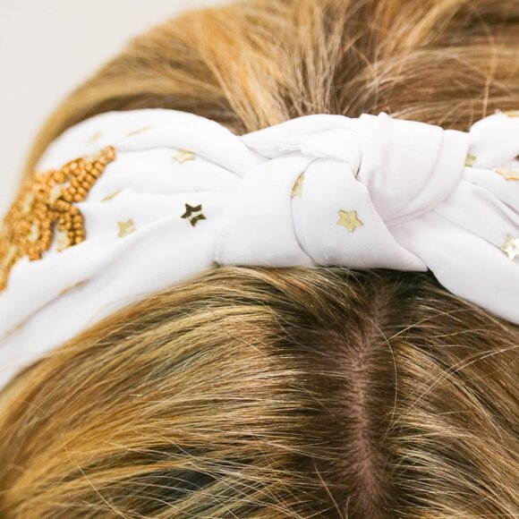 HOWDY Gold Star Beaded Sparkle White Top Knot Headband NEW - Picture 4 of 5